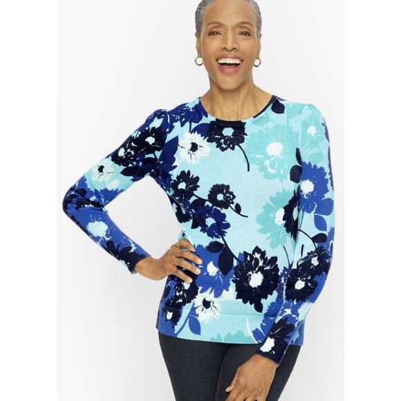 Talbots Womens 1X Floral Sweater Lightweight Cotton Tencel Bloomcore Blue XL - Picture 3 of 12